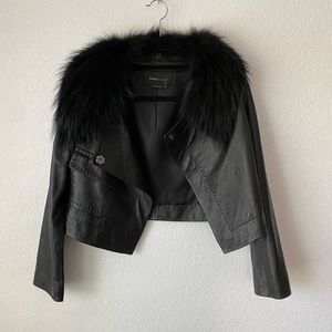 Black Cropped BCBG 100% Leather Jacket w/Removable Racoon Fur Collar. Never Worn